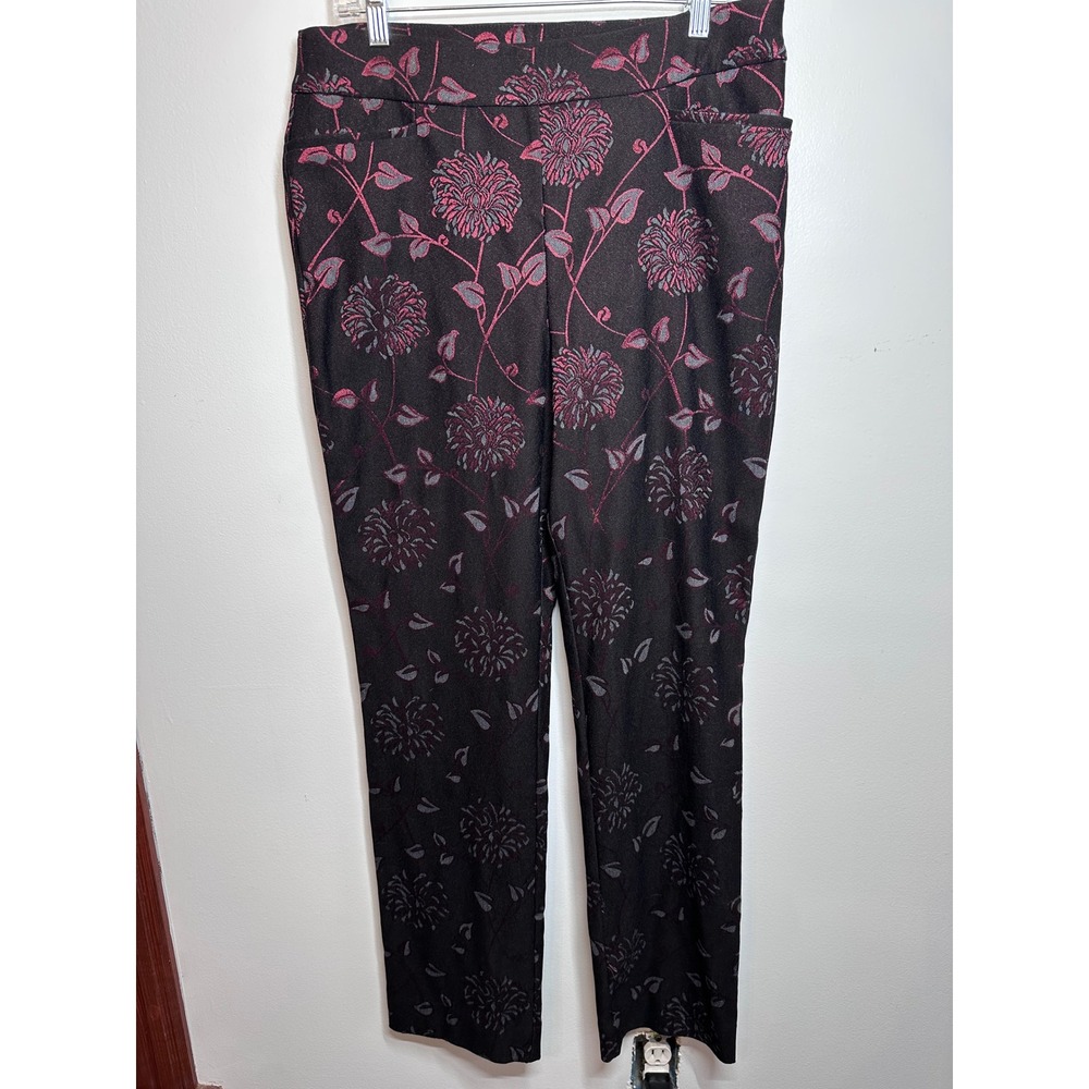 Chico's Floral Jacquard Pull On Pants Black Burgundy Metallic Size 1.5R US 10R